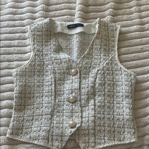 SHEIN Cream Tweed Vest with Pearl Accents